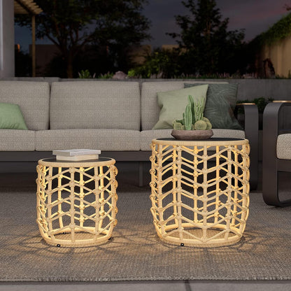 Boho Style Wave Nesting Tables with Built-in Solar-power Lights Set of 2