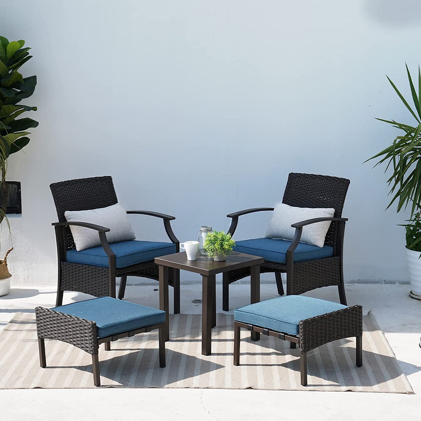 5 Pieces Outdoor Patio Furniture Sets Weather Resistant Wicker Outdoor Chairs with Ottomans and Coffee Tables