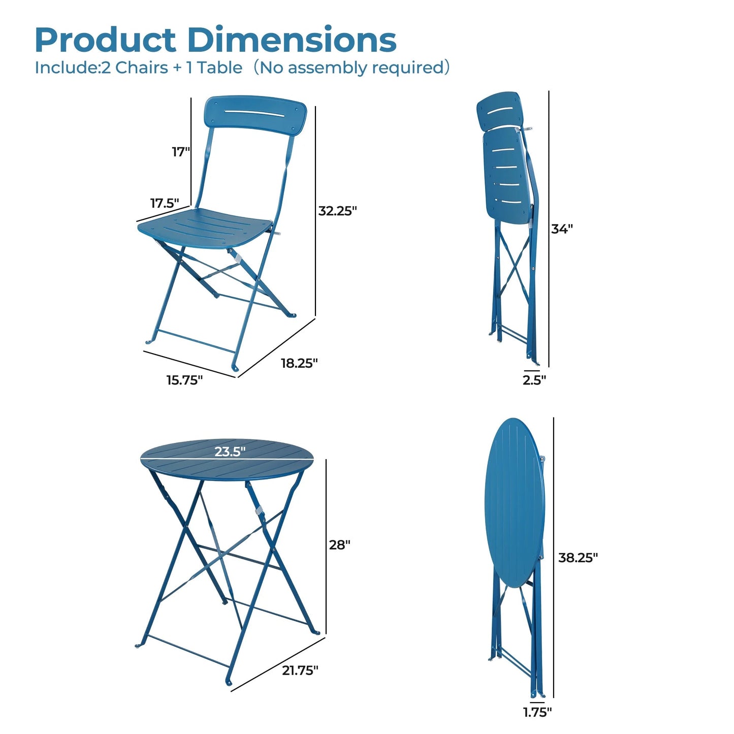 3-Piece Foldable Bistro Set with Round Table - All-Weather Steel Frame