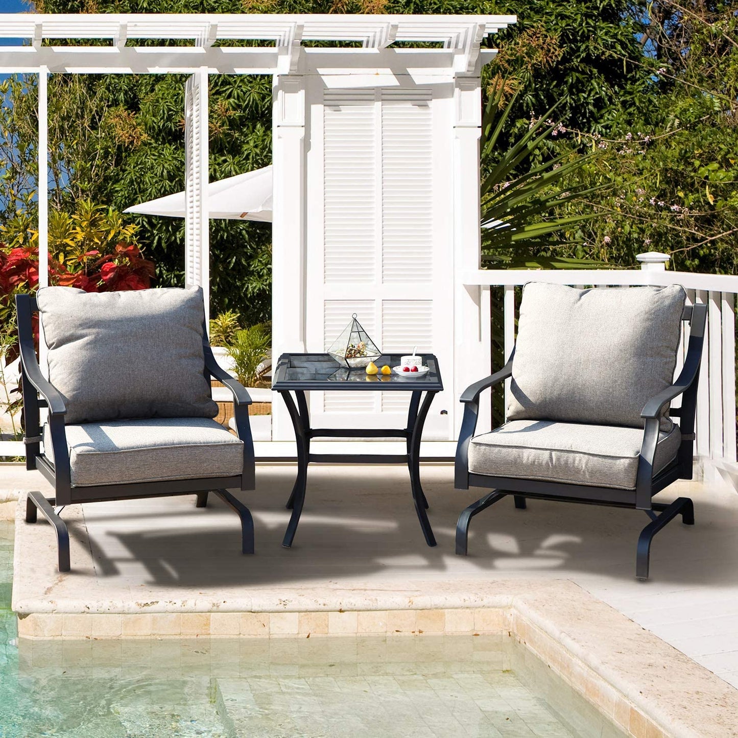 3 Piece Metal Bistro Rocking Chairs, Indoor Outdoor Chat Set