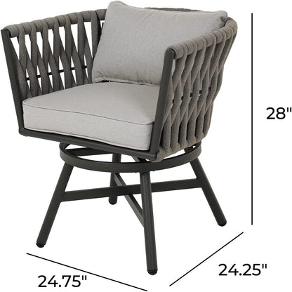 Dining Chair Set of 3, Swivel Rope Armchairs with Cushions and Round Side Table with Tile Tabletop