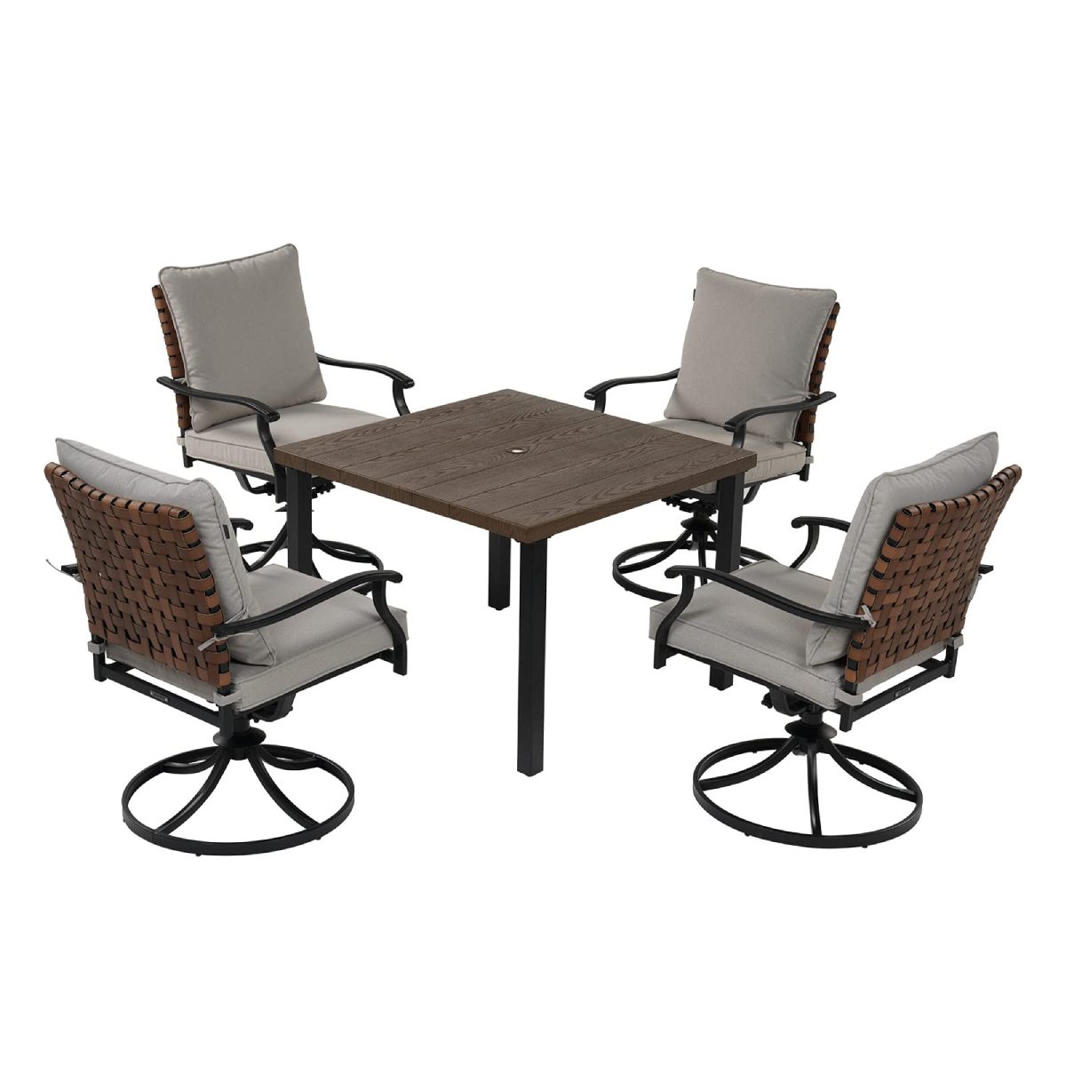 5 Pieces Outdoor Dining Set,4 Steel Resin Wicker Swivel Patio Chairs&Square Dining Table