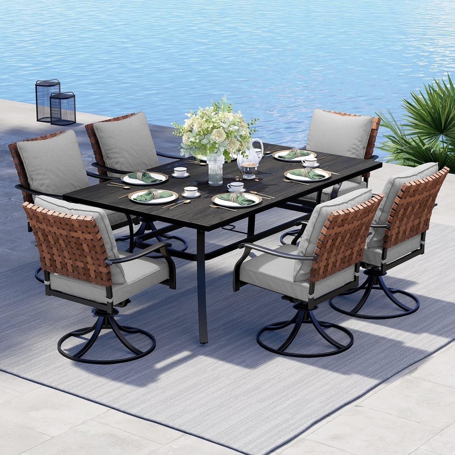 5 Pieces Outdoor Dining Set,4 Steel Resin Wicker Swivel Patio Chairs&Square Dining Table
