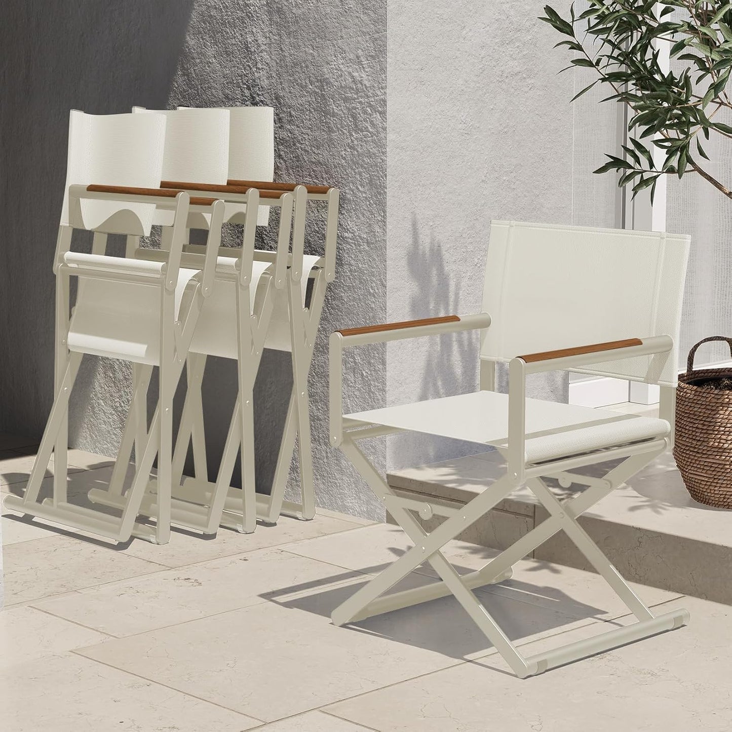Outdoor & Indoor Aluminum Mesh Sling Folding Director Chair Lightweight All-Weather Wood Grain Camping and Hunting Chair for Garden
