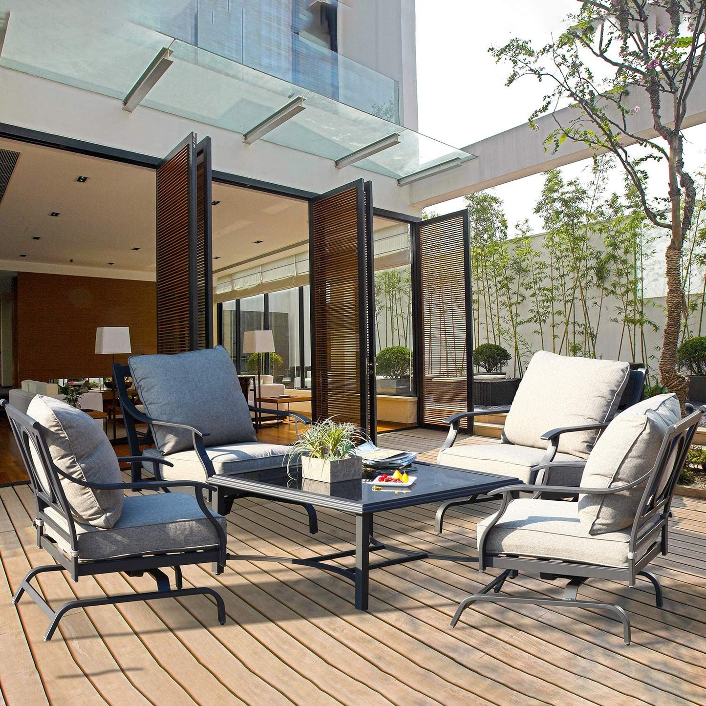 5 Piece Outdoor Furniture Conversation Set, All Weather Outdoor Cushion Rocking Chairs with Square Tempered Glass Top Coffee Table, Balcony Furniture Set for Garden