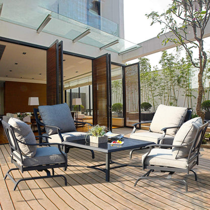 5 Piece Outdoor Furniture Conversation Set, All Weather Outdoor Cushion Rocking Chairs with Square Tempered Glass Top Coffee Table, Balcony Furniture Set for Garden