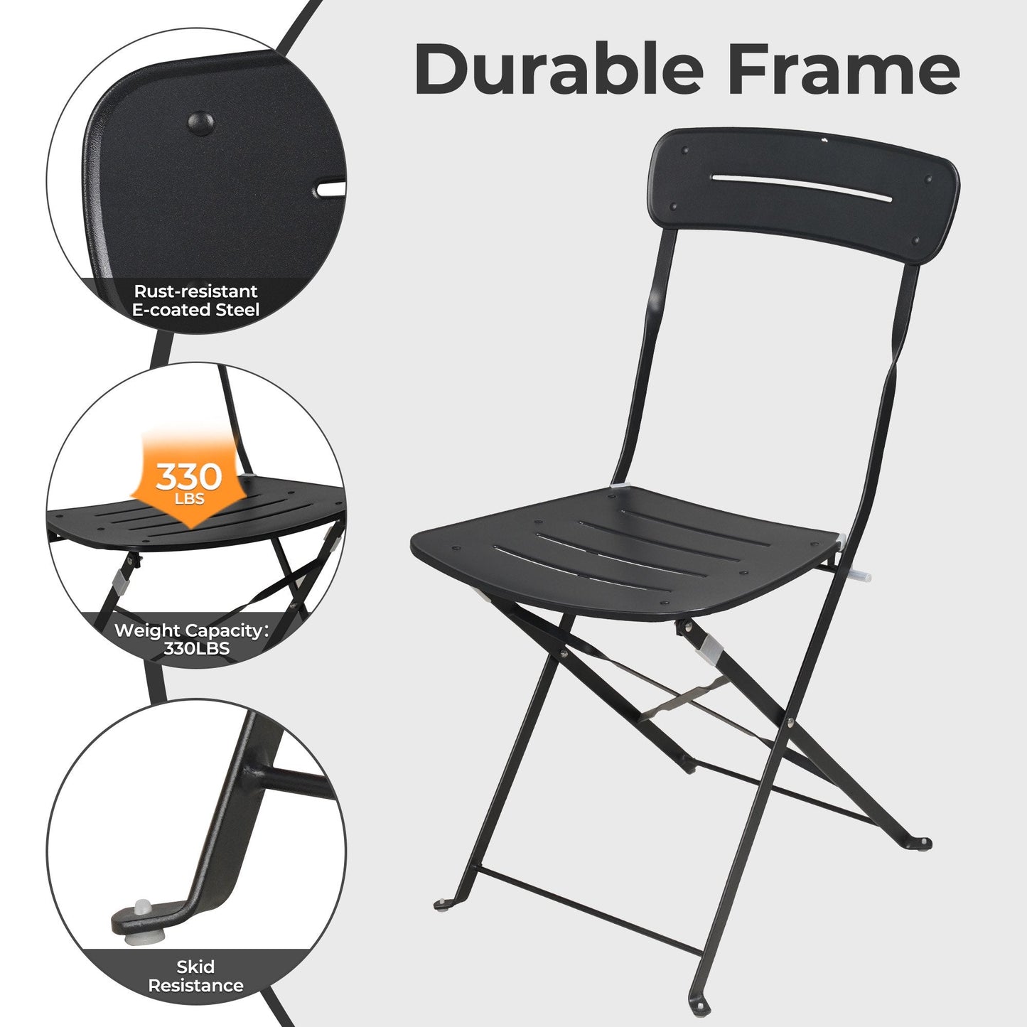 3-Piece Foldable Bistro Set with Round Table - All-Weather Steel Frame