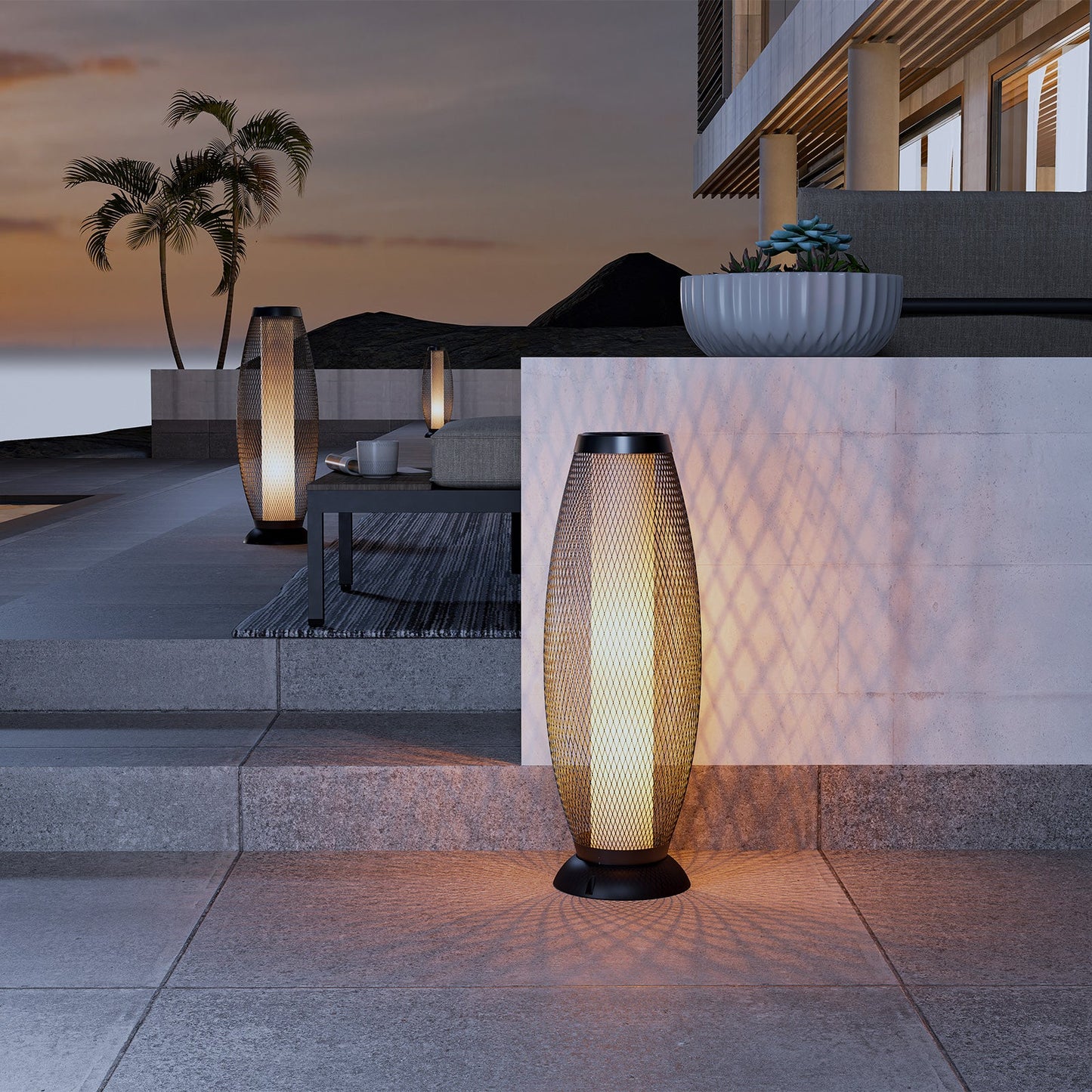 Shadow Solar Powered 28"H Floor Lamp, Metal Wire Shade, LED Modern Outdoor Flickering Lantern