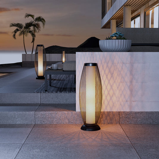 Shadow Solar Powered 28"H Floor Lamp, Metal Wire Shade, LED Modern Outdoor Flickering Lantern