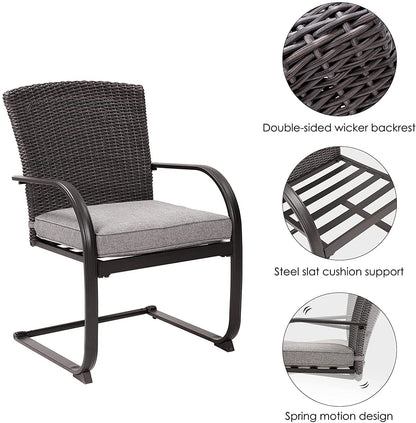 5 Piece Outdoor Dining Table Set, Woodgrain-Look Metal Table and Wicker Chairs for 4
