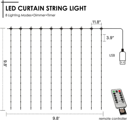 Curtain String Lights 300LED with 8 Modes USB Powered Fairy Lights Christmas Lights for Bedroom Home Décor