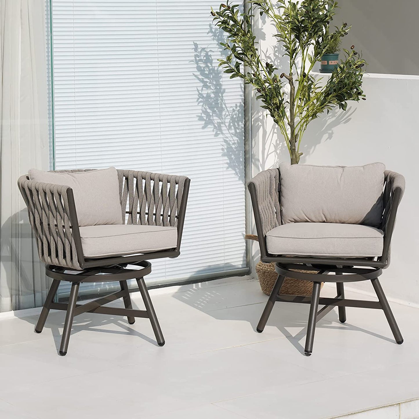 Dining Chair Set of 3, Swivel Rope Armchairs with Cushions and Round Side Table with Tile Tabletop
