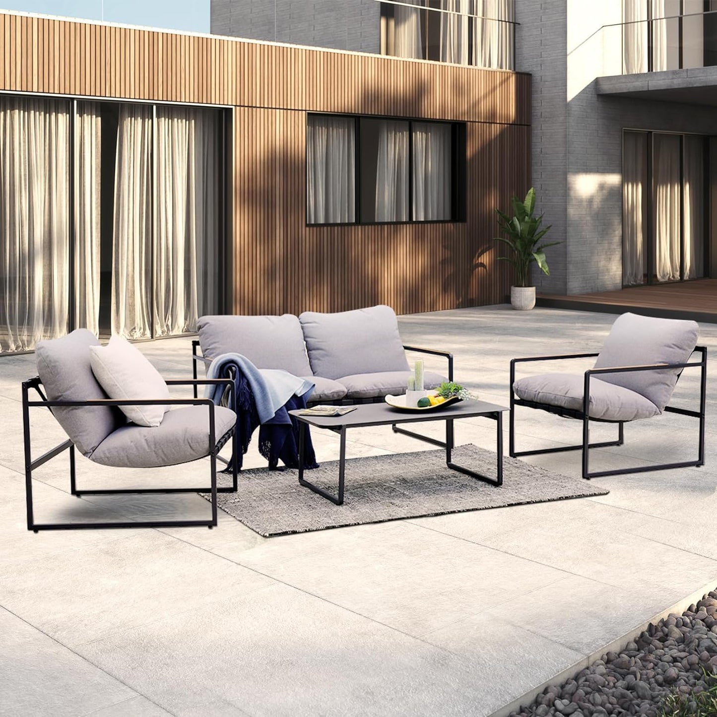 4-Piece Patio Furniture Set, Outdoor Patio Conversation Sofa Set with Cushion, Loveseat Chairs and Coffee Table