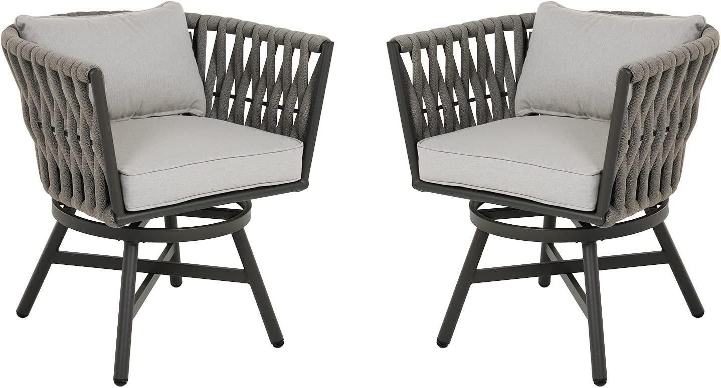 Dining Chair Set of 3, Swivel Rope Armchairs with Cushions and Round Side Table with Tile Tabletop