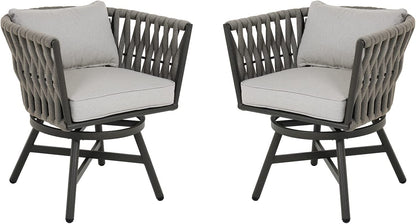 Dining Chair Set of 3, Swivel Rope Armchairs with Cushions and Round Side Table with Tile Tabletop