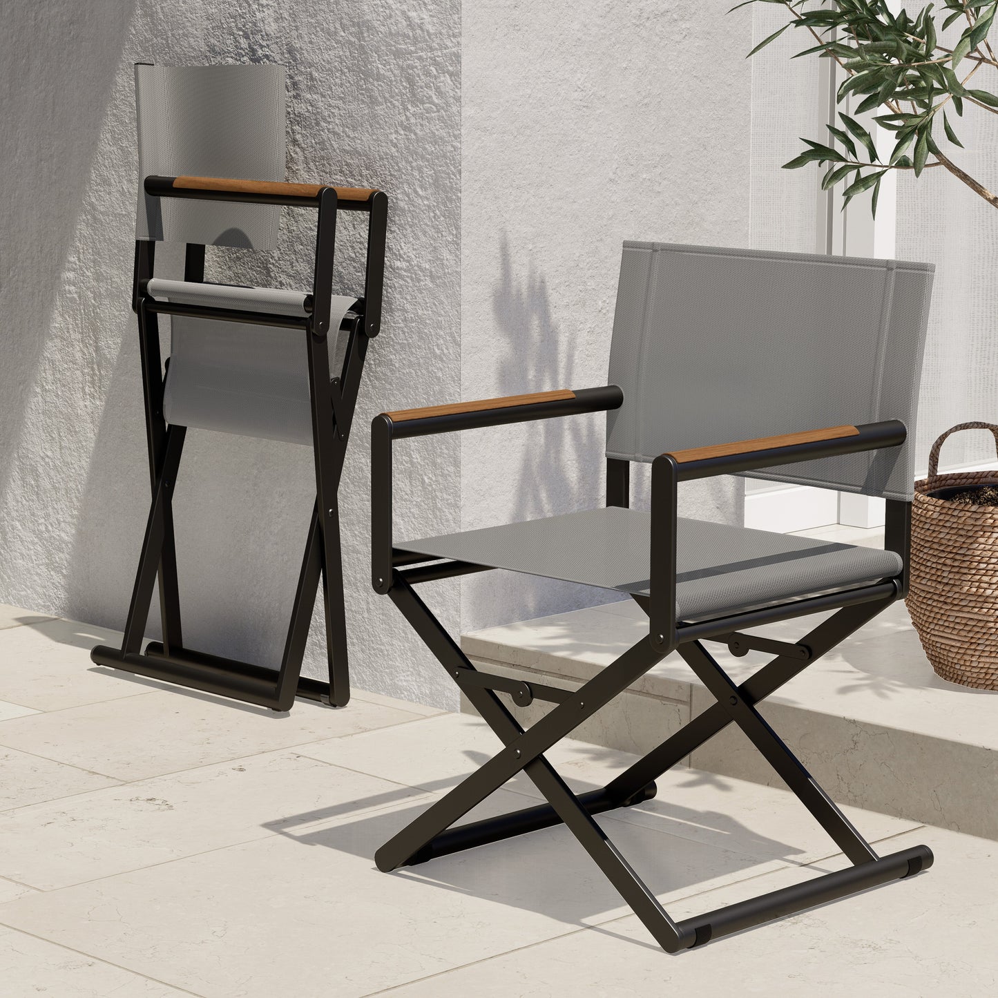 Outdoor & Indoor Aluminum Mesh Sling Folding Director Chair Lightweight All-Weather Wood Grain Camping and Hunting Chair for Garden