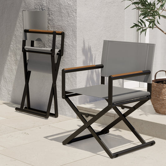 Outdoor & Indoor Aluminum Mesh Sling Folding Director Chair Lightweight All-Weather Wood Grain Camping and Hunting Chair for Garden