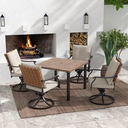 5 Pieces Outdoor Dining Set,4 Steel Resin Wicker Swivel Patio Chairs&Square Dining Table