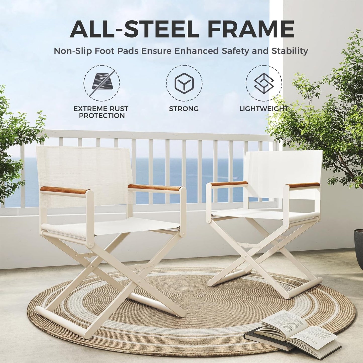 Outdoor & Indoor Aluminum Mesh Sling Folding Director Chair Lightweight All-Weather Wood Grain Camping and Hunting Chair for Garden