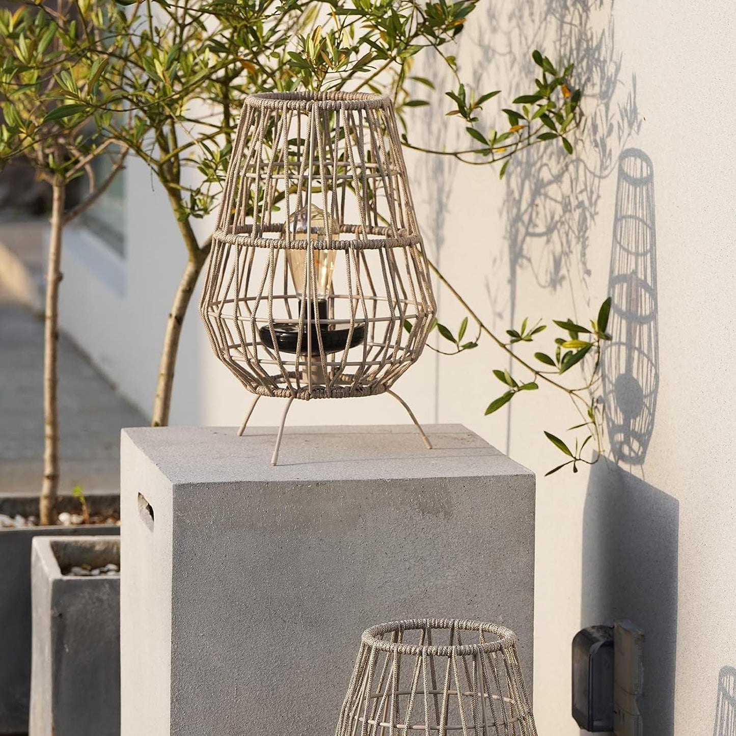 15-inch Apollo Outdoor LED Solar Powered Resin Polyester Cord Woven Floor Lamp Set of 2 with LED Edison Bulb, Water-Resistant Accent Garden Light, Pathway, Taupe Brown