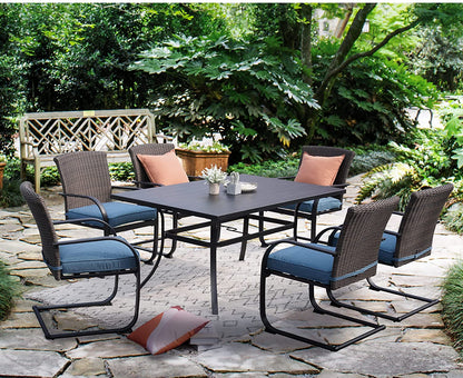 Outdoor Dining Table Set, Modern Woodgrain-Look Metal Table and Wicker Chairs
