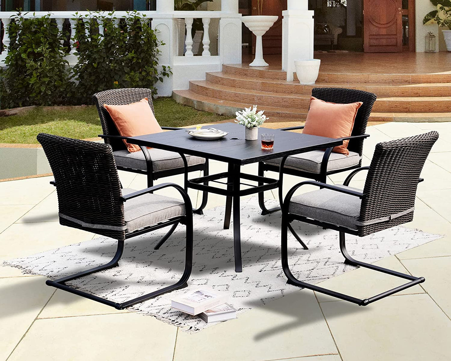 5 Piece Outdoor Dining Table Set, Woodgrain-Look Metal Table and Wicker Chairs for 4