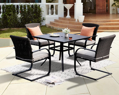5 Piece Outdoor Dining Table Set, Woodgrain-Look Metal Table and Wicker Chairs for 4