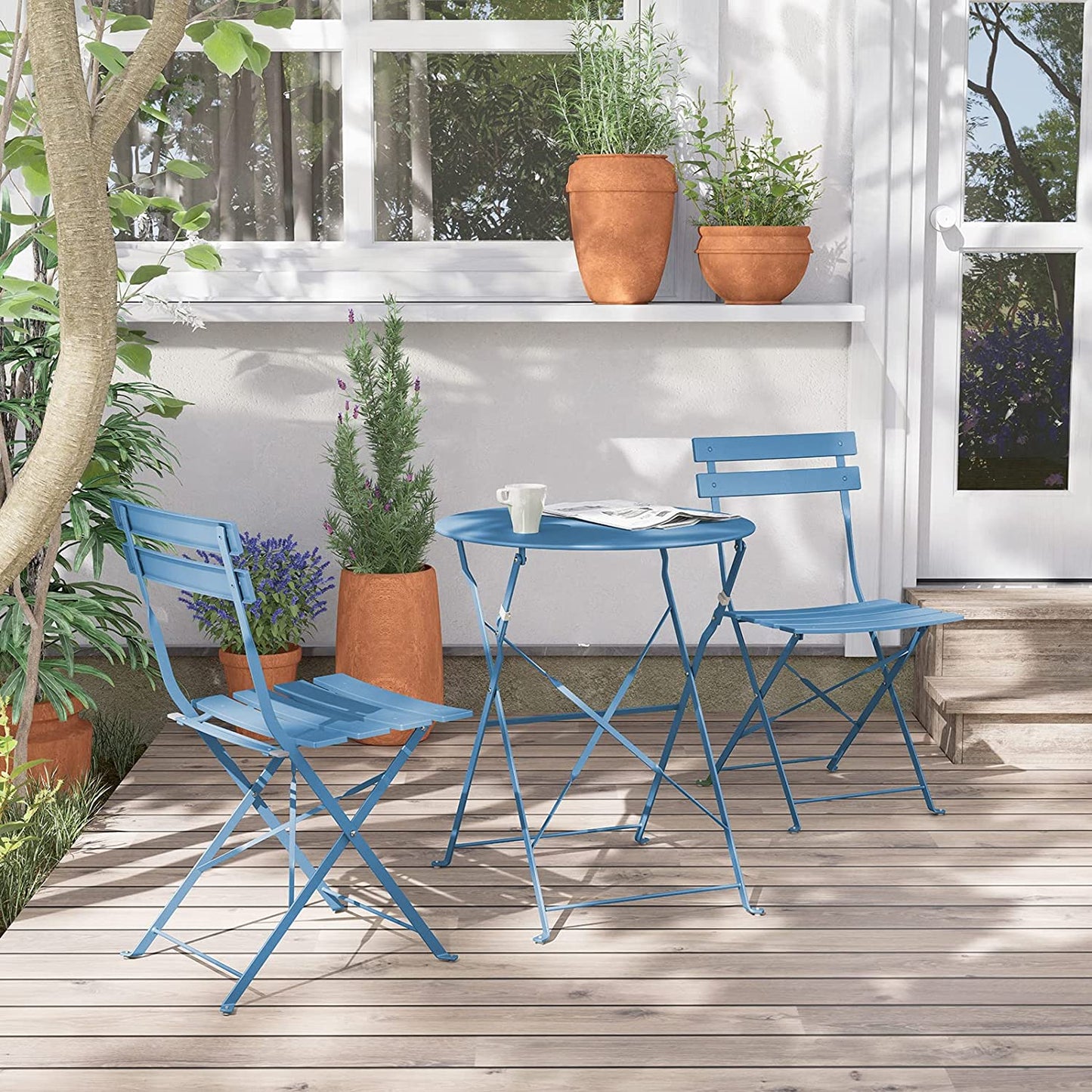 Premium Steel Patio Bistro Set with Cushion 3 Piece Patio Set of Foldable Patio Table and Chairs