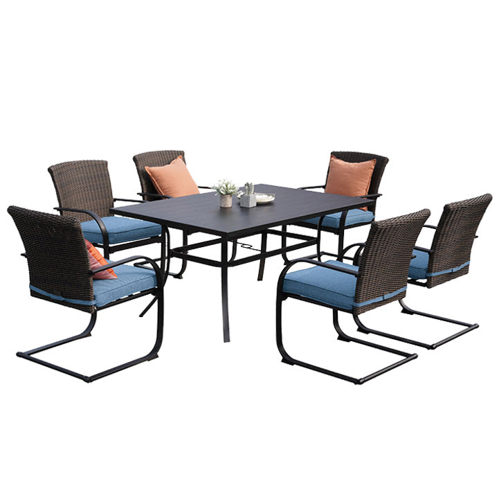 Outdoor Dining Table Set, Modern Woodgrain-Look Metal Table and Wicker Chairs