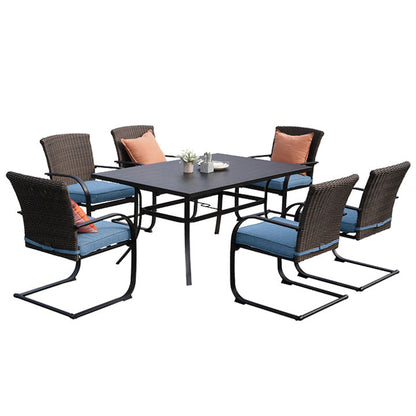 Outdoor Dining Table Set, Modern Woodgrain-Look Metal Table and Wicker Chairs
