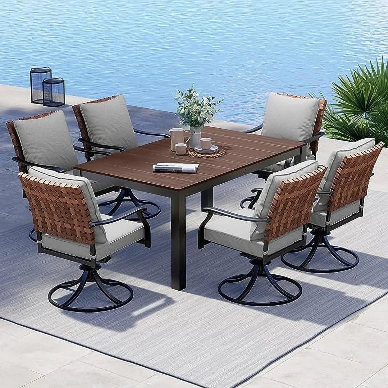 5 Pieces Outdoor Dining Set,4 Steel Resin Wicker Swivel Patio Chairs&Square Dining Table