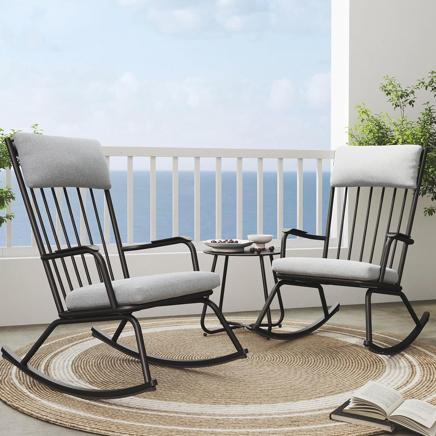 Outdoor Rocking Chair Set for 2, E-Coated Steel Rocking Chairs with Cushions and Side Table