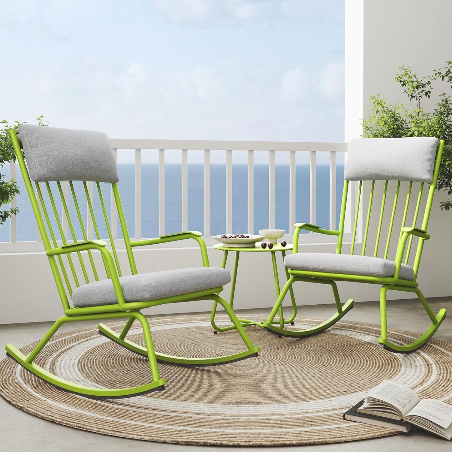 Outdoor Rocking Chair Set for 2, E-Coated Steel Rocking Chairs with Cushions and Side Table