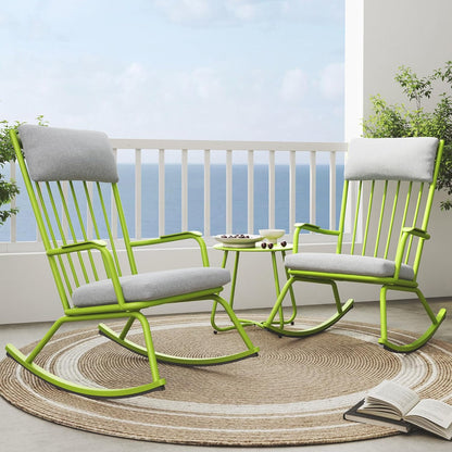 Outdoor Rocking Chair Set for 2, E-Coated Steel Rocking Chairs with Cushions and Side Table