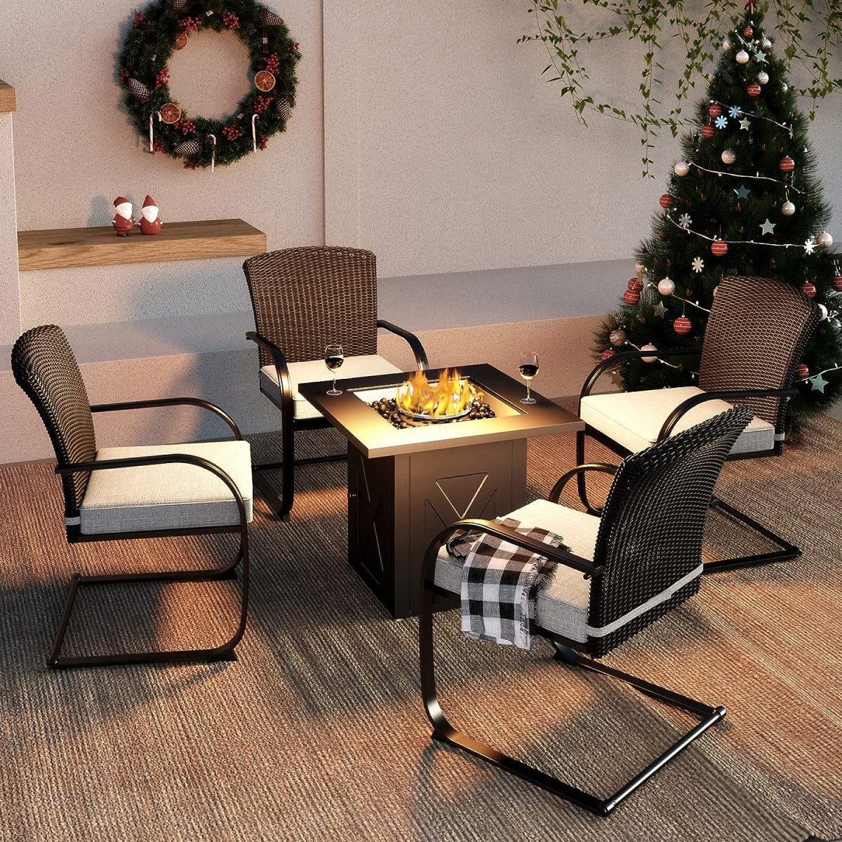 5-Piece Outdoor Dining Table Set with Fire Pit, 4 Outdoor Spring Dining Chairs