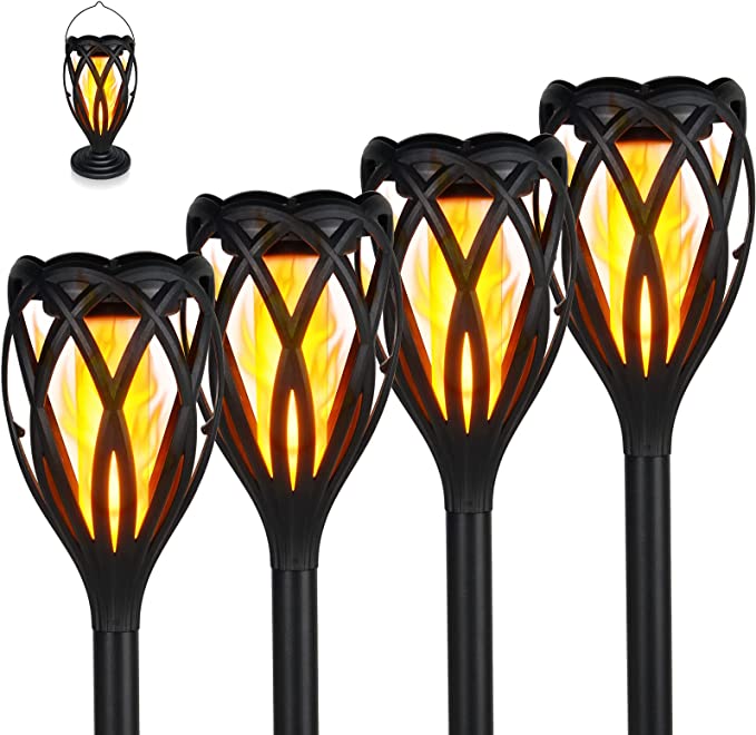 Tall Solar Lights, Pathway Torch Lights with Flickering Flame 4-Pack LED, 3-in-1 Solar Landscape Lights