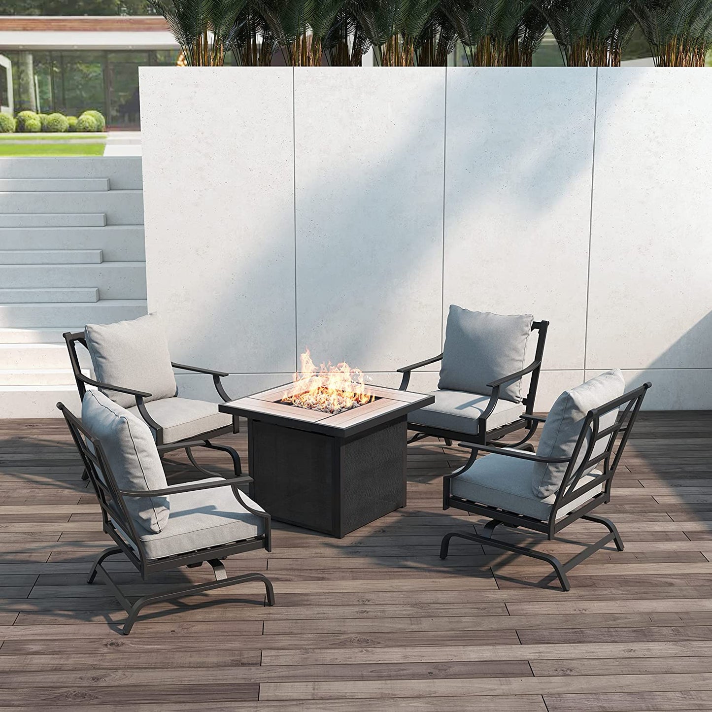 GRAND PATIO 5 PCS Outdoor Furniture Conversation Grey Cushions Rocking Chairs Propane Gas Fire Table