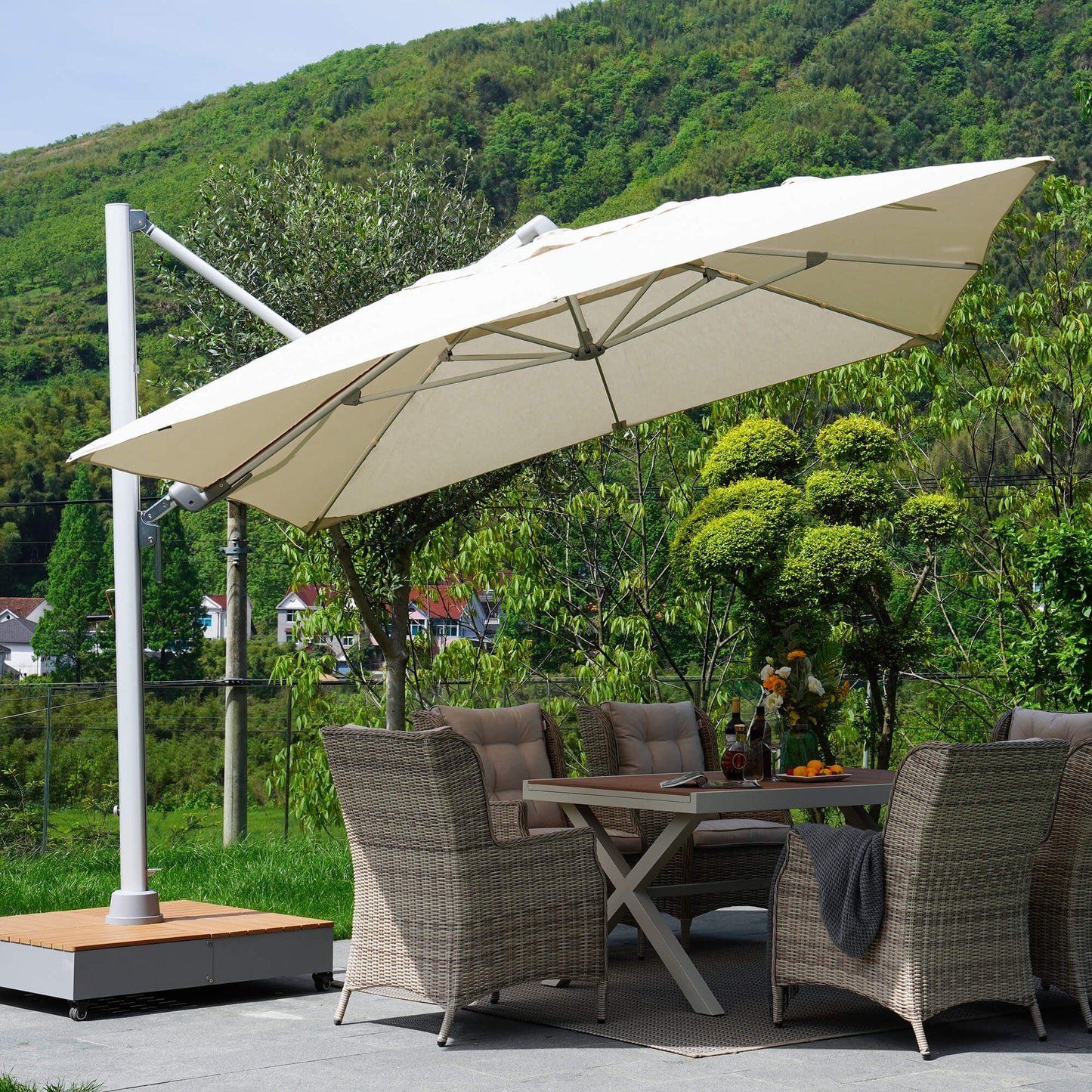 10x13 FT Acrylic Outdoor Cantilever Aluminum Umbrella with Large Base, with Cover, 5-Year-Non-Fading