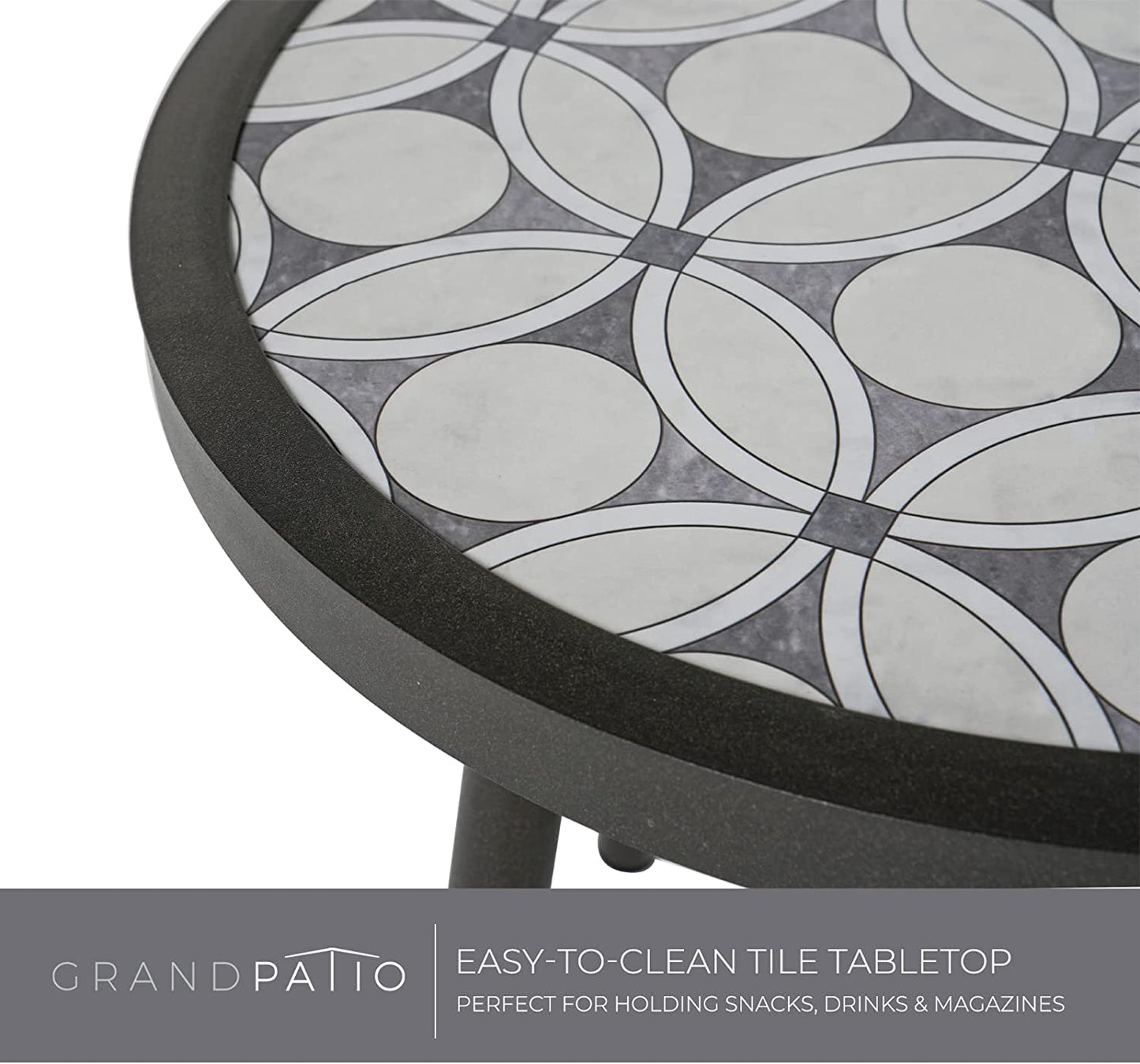 Dining Chair Set of 3, Swivel Rope Armchairs with Cushions and Round Side Table with Tile Tabletop