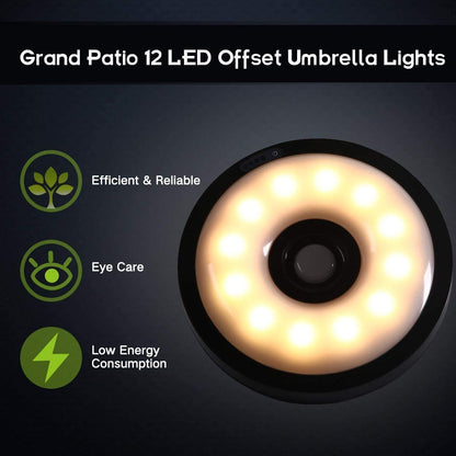 GRAND PATIO Cordless 12 LED Offset Umbrella Lights, 3 Modes Warm White Umbrella Light with Remote Control