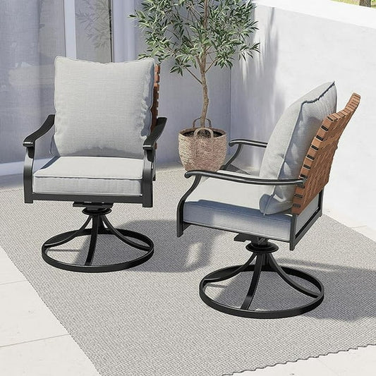 2-Piece Outdoor Dining Chair Set, 2 Steel Leather-Look Wicker 360-Degree Swivel Patio Chair