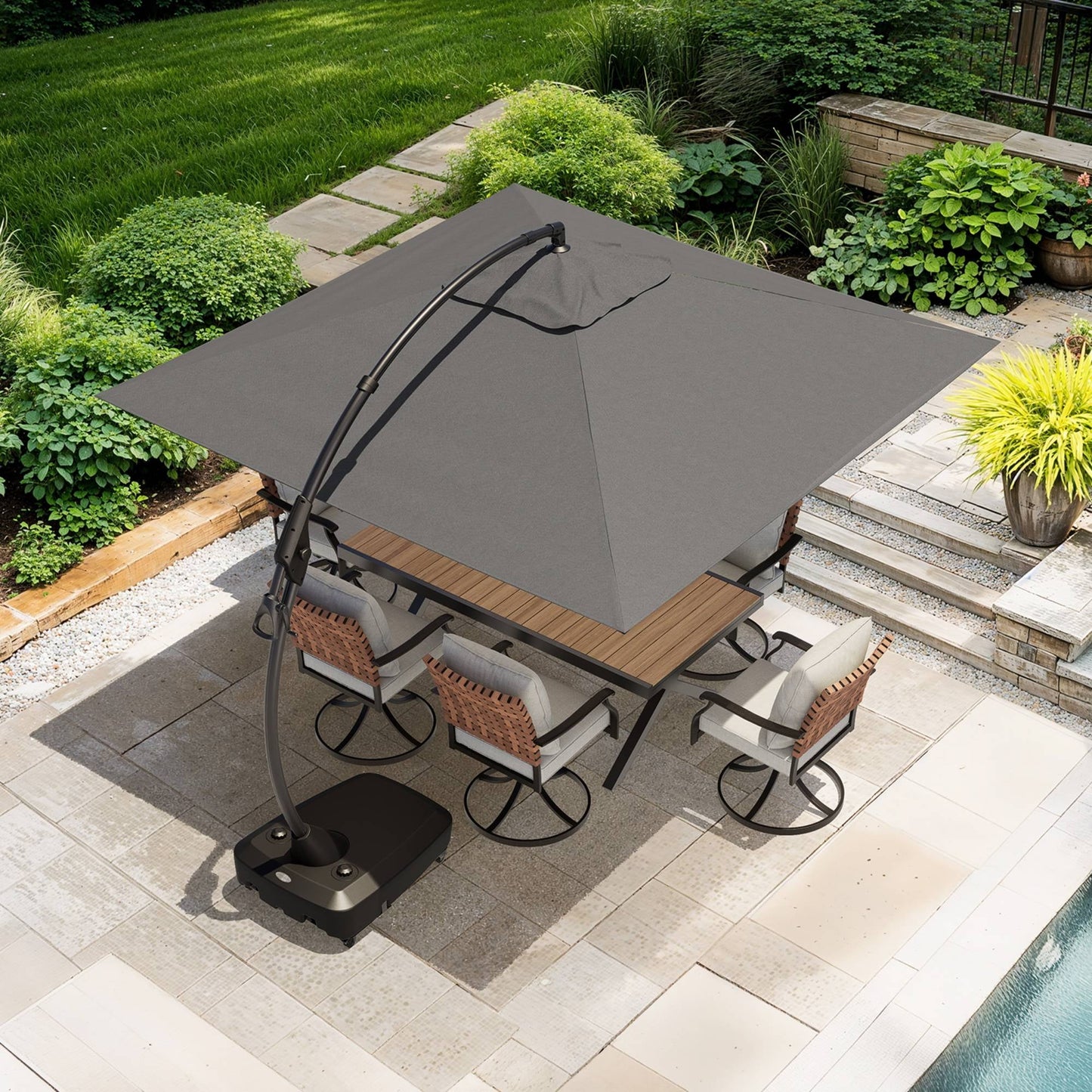 10x10 FT Square Patio Cantilever Umbrella, Deluxe Curvy Offset Umbrella with Base(No Umbrella Cover)