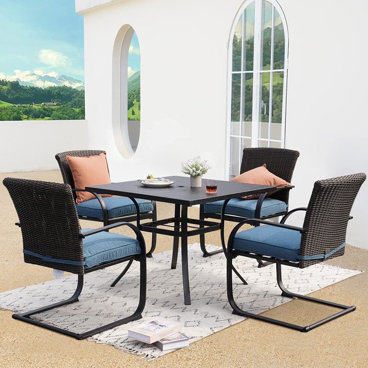 5 Piece Outdoor Dining Table Set, Woodgrain-Look Metal Table and Wicker Chairs for 4