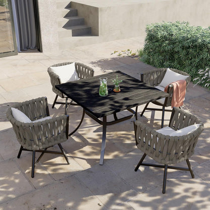 Dining Chair Set of 3, Swivel Rope Armchairs with Cushions and Round Side Table with Tile Tabletop