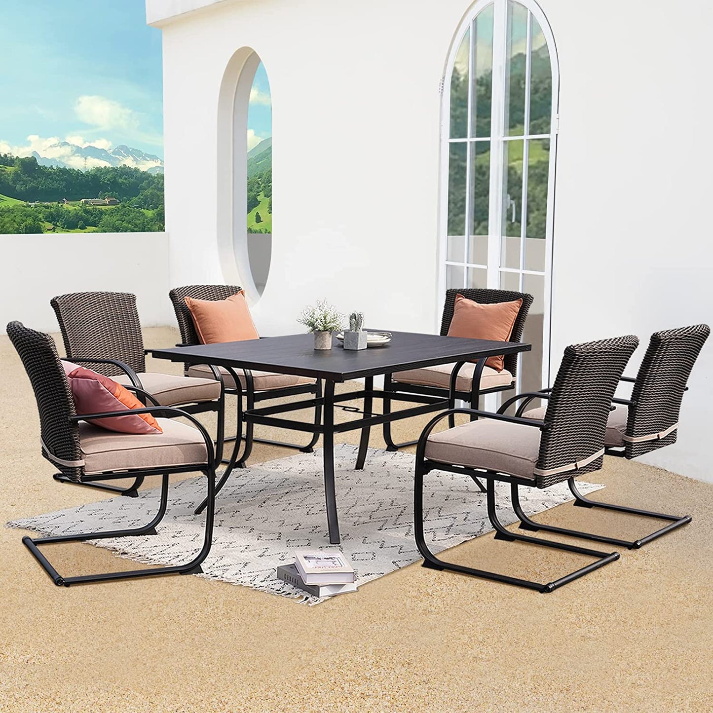5 Piece Outdoor Dining Table Set, Woodgrain-Look Metal Table and Wicker Chairs for 4