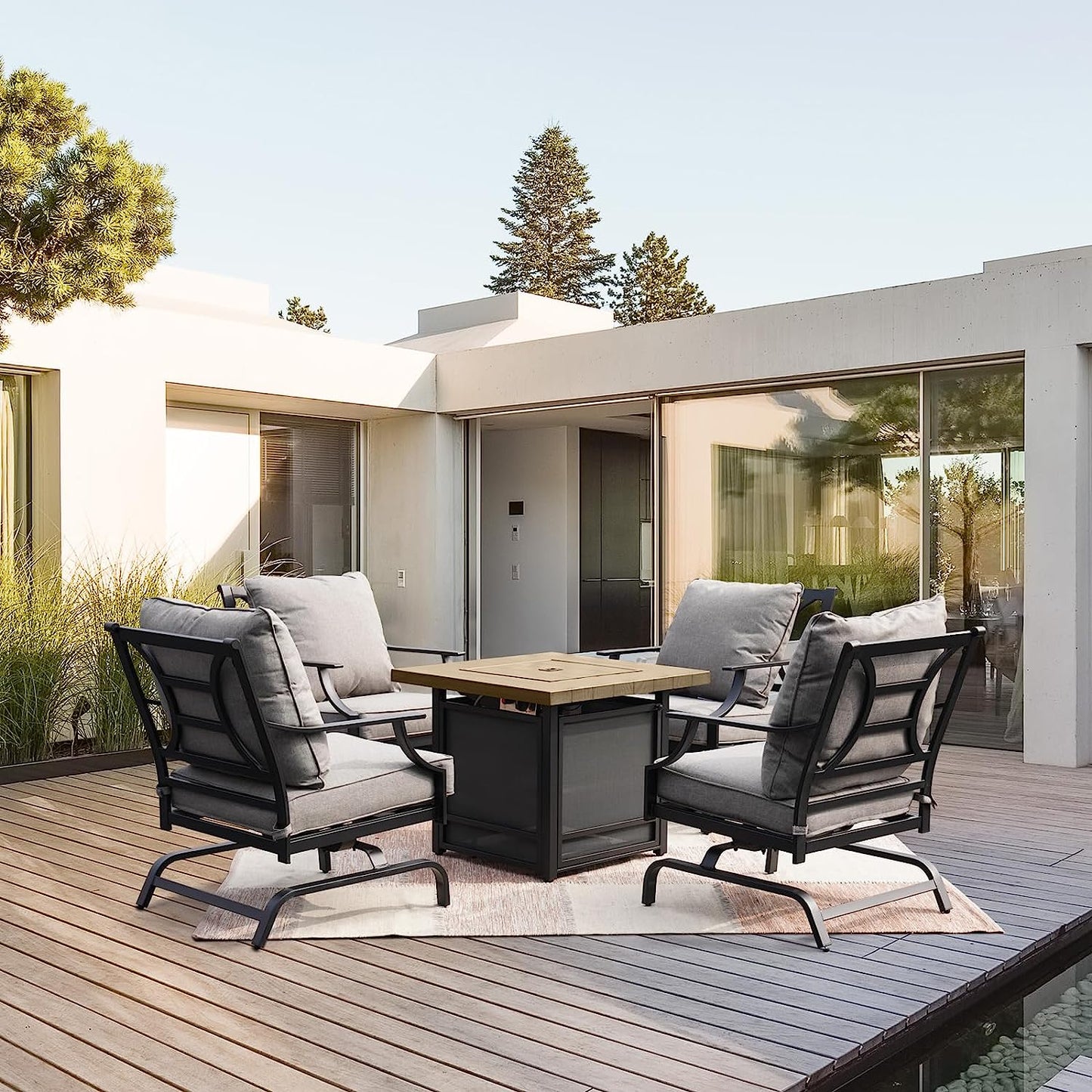 GRAND PATIO 5 PCS Outdoor Furniture Conversation Grey Cushions Rocking Chairs Propane Gas Fire Table