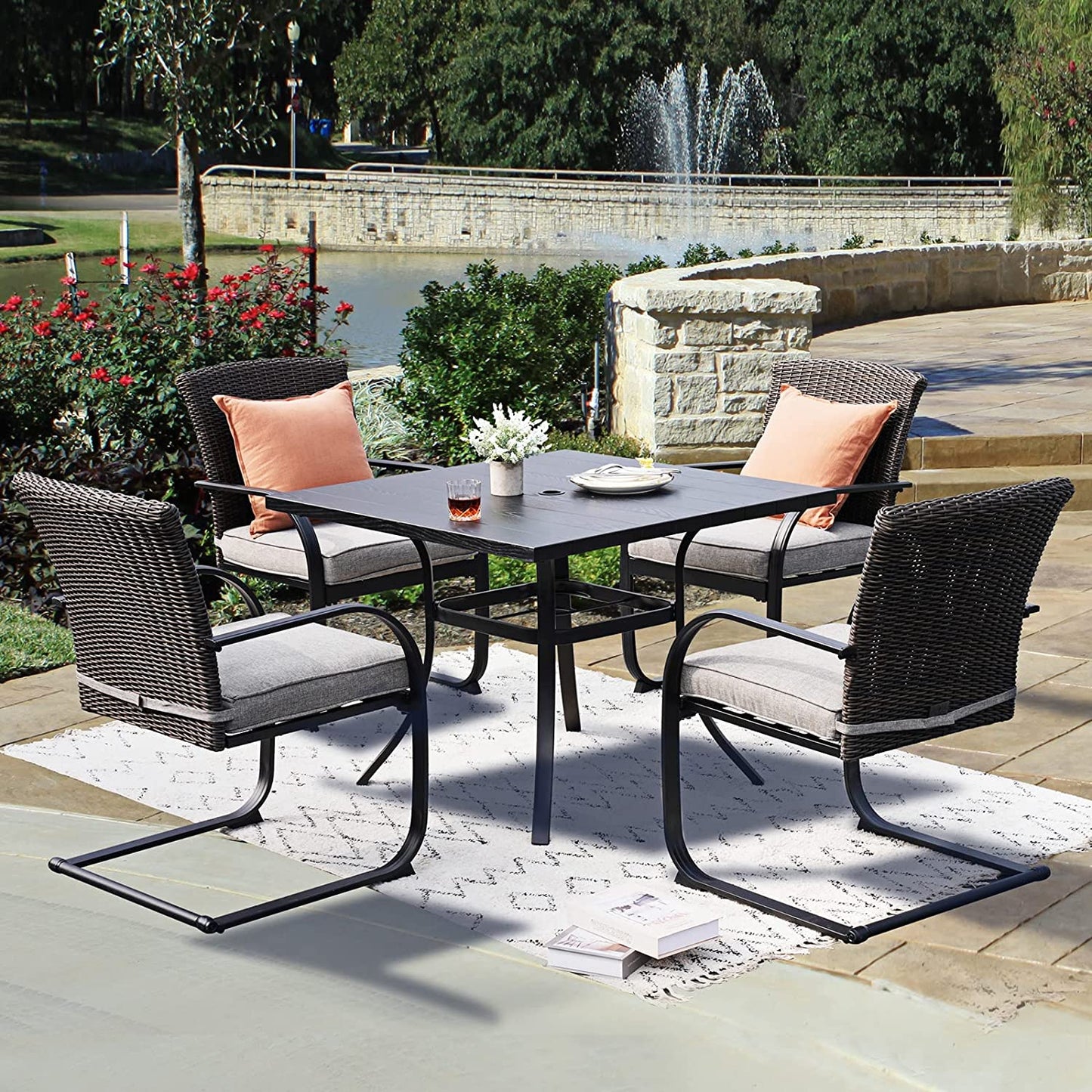 5 Piece Outdoor Dining Table Set, Woodgrain-Look Metal Table and Wicker Chairs for 4