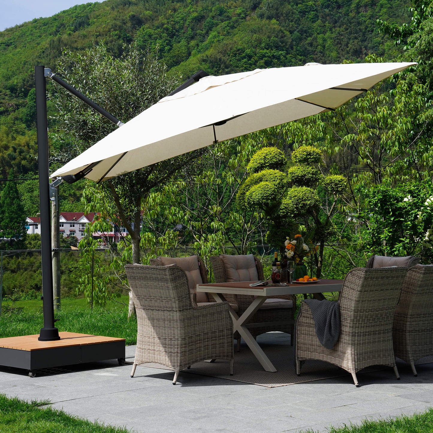 10x13 FT Acrylic Outdoor Cantilever Aluminum Umbrella with Large Base, with Cover, 5-Year-Non-Fading