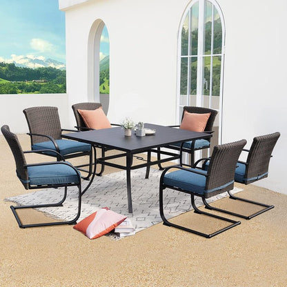 Outdoor Dining Table Set, Modern Woodgrain-Look Metal Table and Wicker Chairs