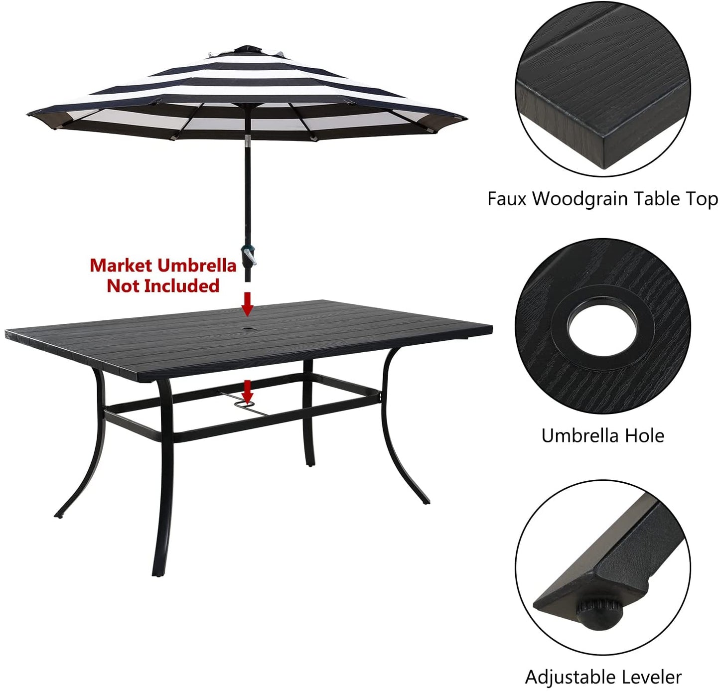 Outdoor Dining Table Set, Modern Woodgrain-Look Metal Table and Wicker Chairs